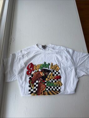 Gildan White Tee with Colorful 'Steppin' Into Juneteenth' Graphic